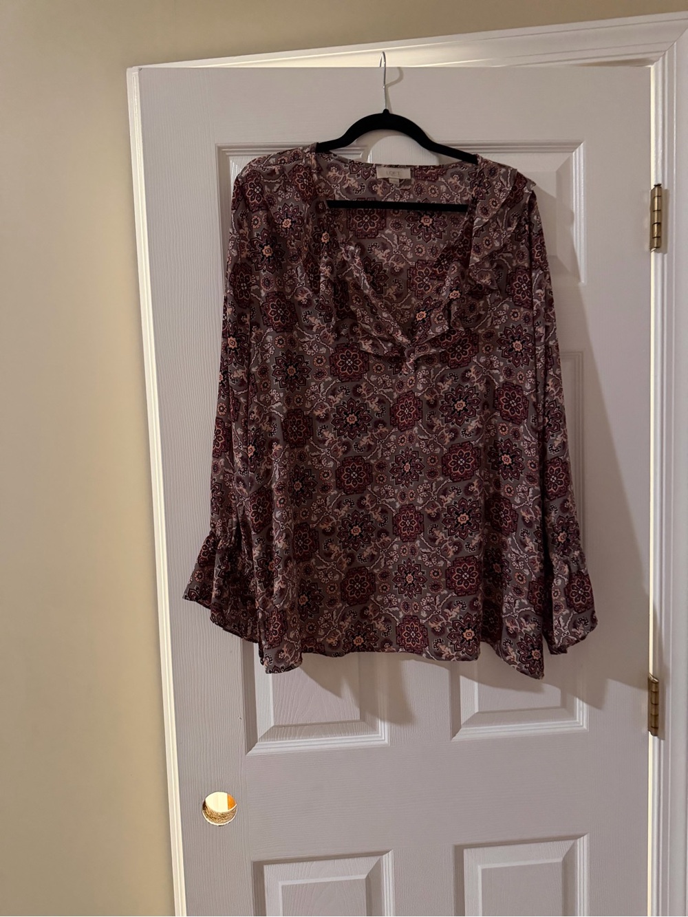 LOFT Burgundy Floral Ruffled V-Neck Blouse